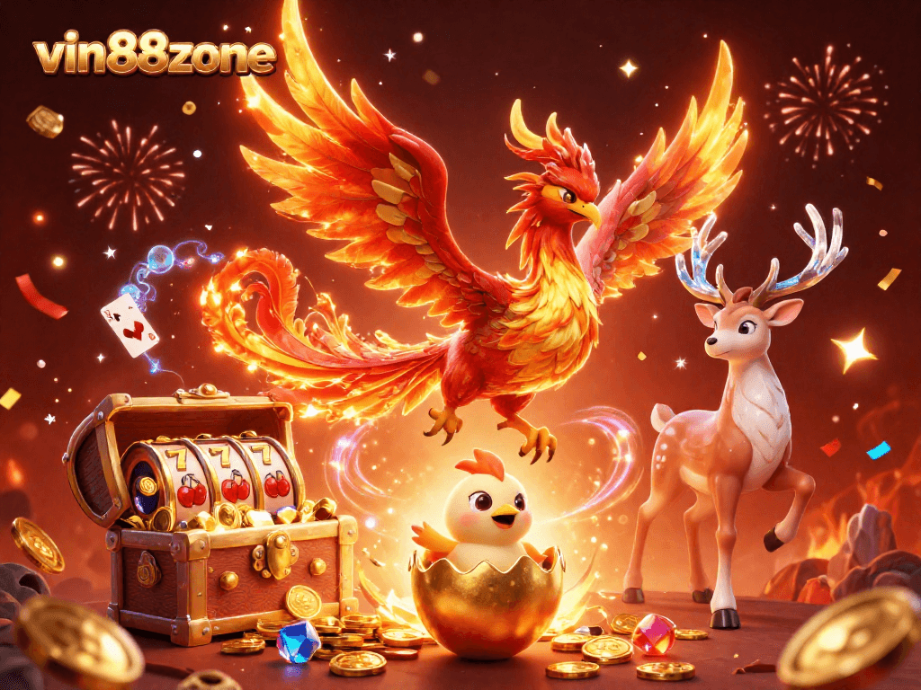 Experience excitement with vin88zone's dynamic casino scene featuring a soaring phoenix and thrilling game elements.