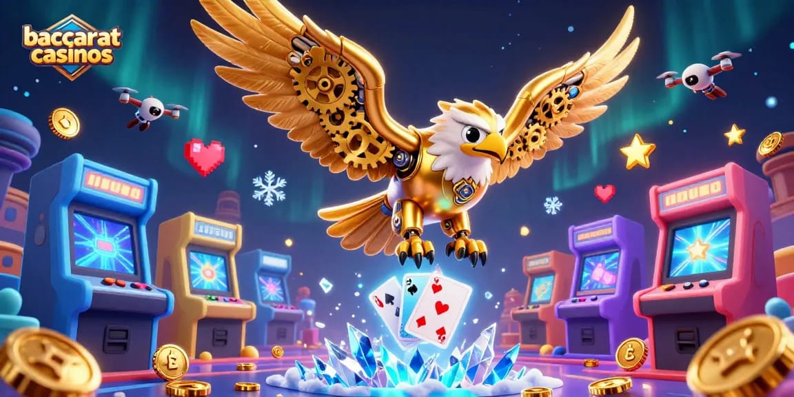 Engage with baccarat casinos in a dynamic 3D scene featuring a cybernetic golden eagle and vibrant gaming elements.