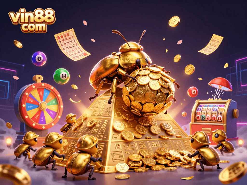 Engage in thrilling casino adventures with vin88 com's vibrant 3D illustration showcasing golden beetles and lottery excitement.