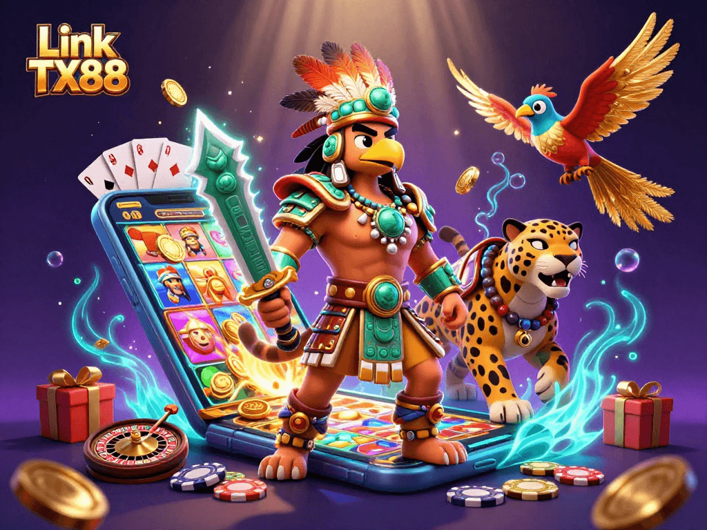 Experience thrilling gaming action with Link TX88 featuring vibrant characters and slot games in a dynamic scene.