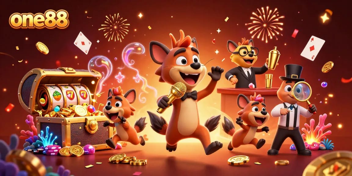One88 casino features hyenas in a vibrant comedy club scene showcasing humor and gambling.