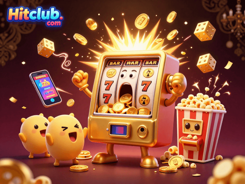 Experience jackpot excitement with Hitclub. com's vibrant 3D slot machine explosion.