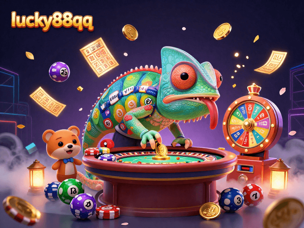 Engage with lucky88qq through a colorful 3D casino scene filled with vibrant gambling elements.