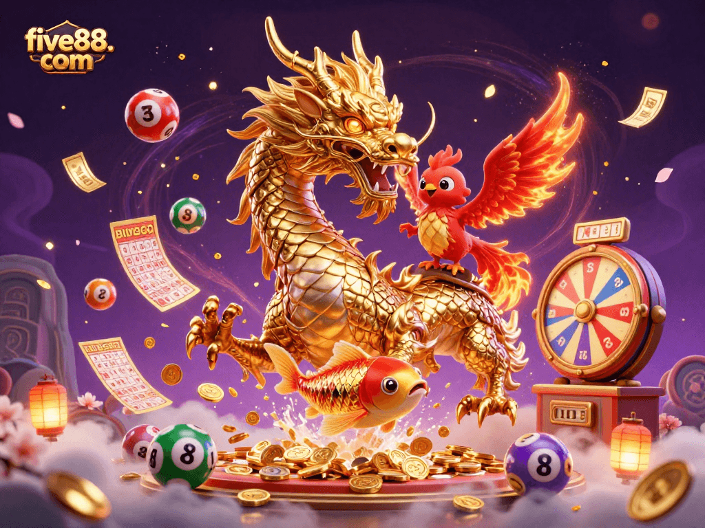 Catch exhilarating moments at five88. com with vibrant lottery elements and a fierce dragon in action.