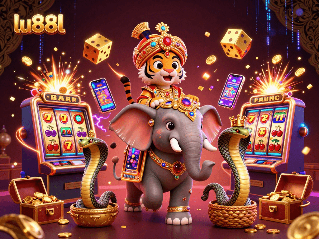 Spin the reels with lu88l in a dazzling casino scene, filled with slot machines and gold coins.