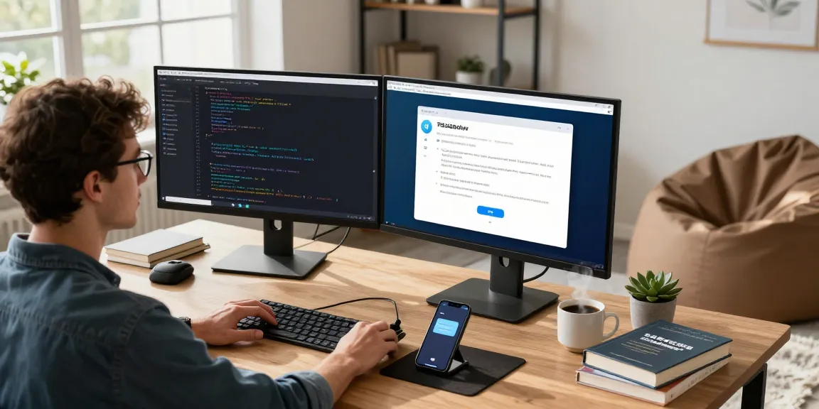 Developer configuring Telegram Chinese settings on dual monitors in a modern workspace.