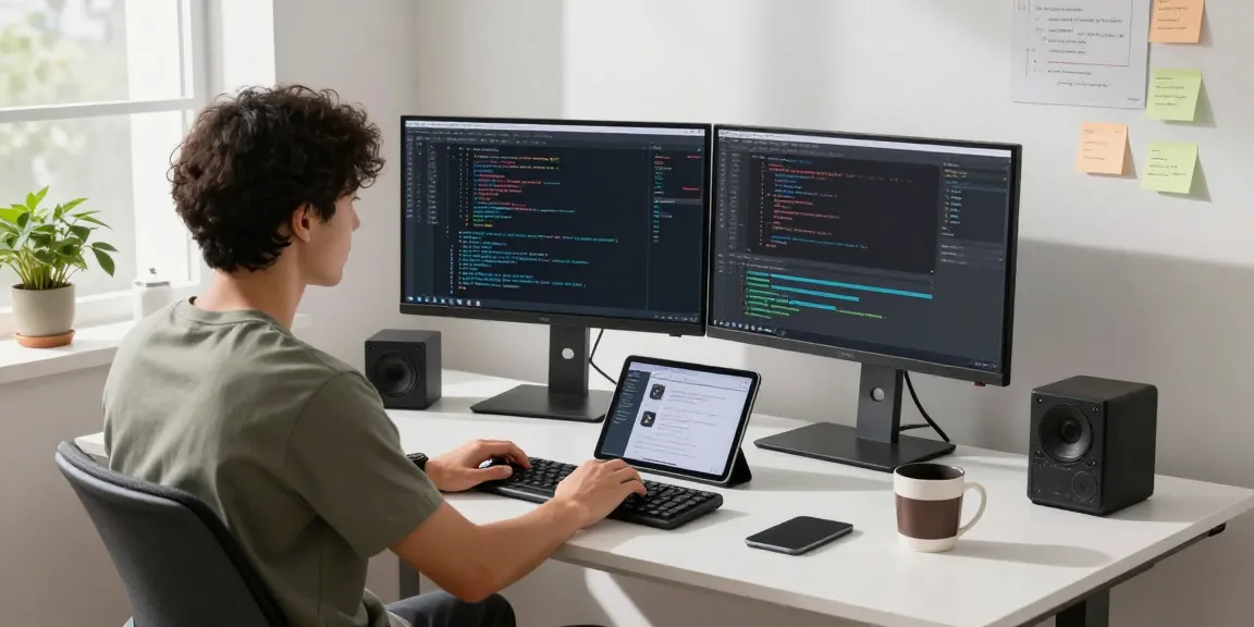 Software engineer coding at a modern workspace showcasing WPS Official Website tools in a bright office.