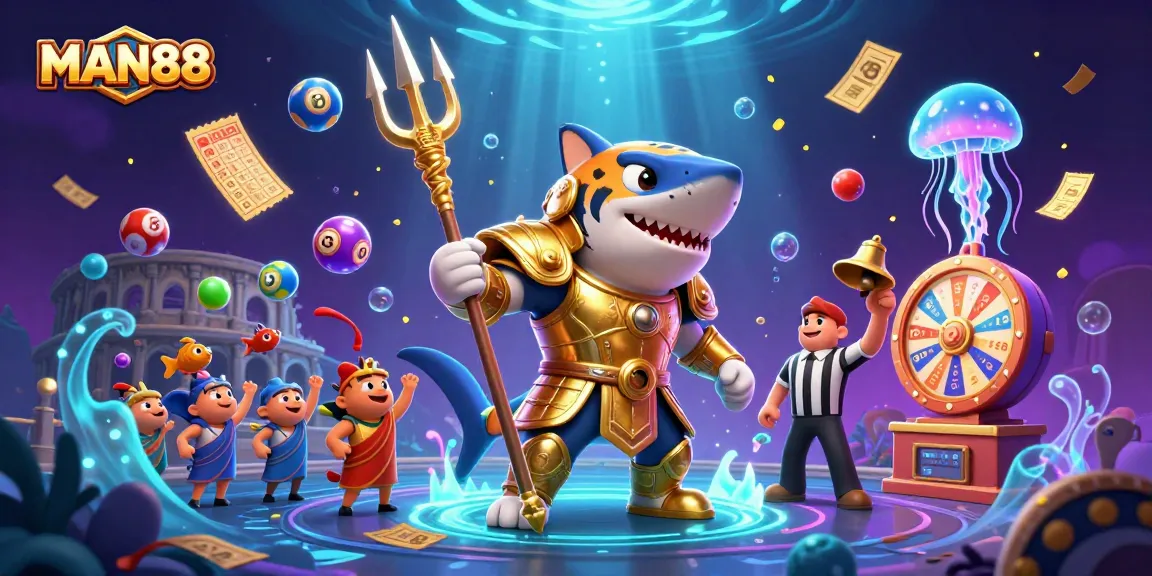 Engage in thrilling games with MAN88 illustrated by a fierce shark in gladiator armor.