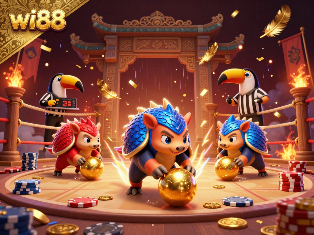 Engaging wi88 casino scene with rival pangolins, golden scales, and poker chips.