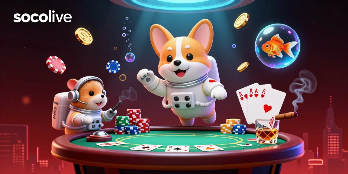 Socolive features a 3D corgi astronaut and dynamic casino elements, showcasing a unique gambling experience.