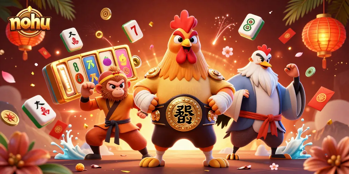 Experience nohu's vibrant casino action with dynamic characters and rich decorations in this 3D illustration.