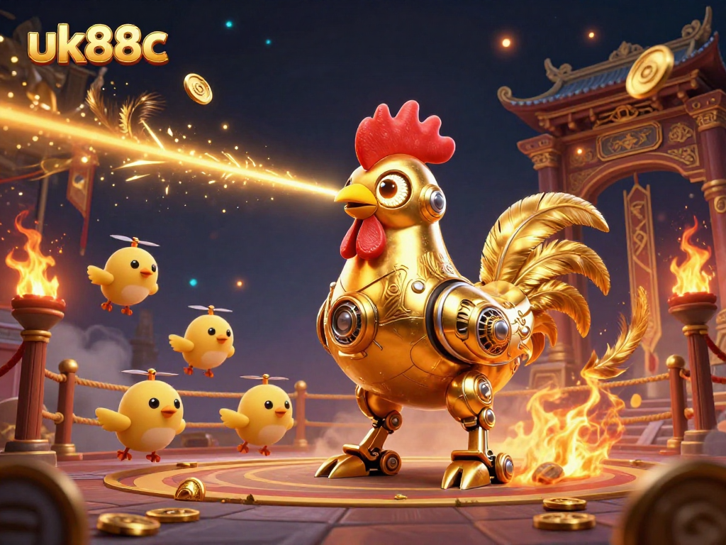 Engage with uk88c as the golden rooster robot fires laser beams in a vibrant casino scene.