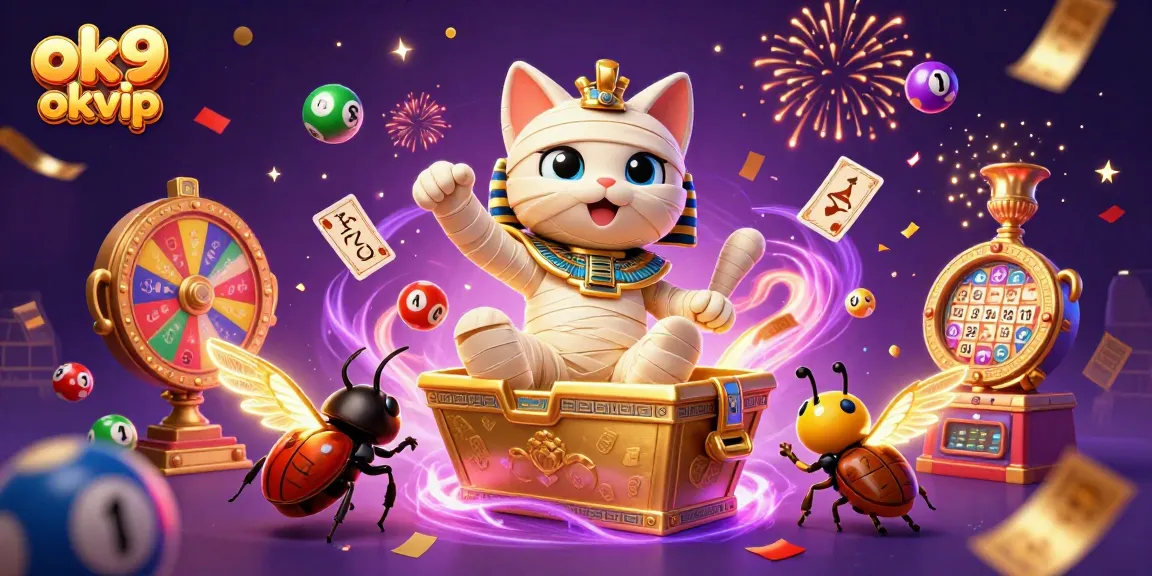 Experience excitement at ok9 okvip with a vibrant 3D casino scene showcasing a mummy cat and gold elements.