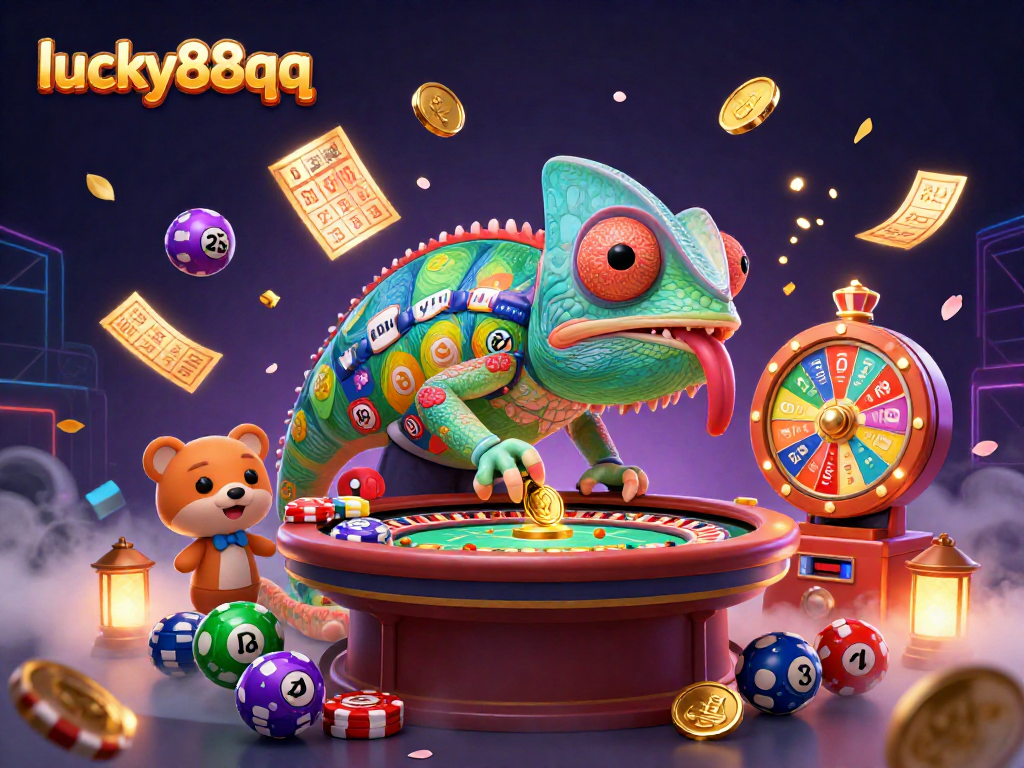 Engage with lucky88qq through a colorful 3D casino scene filled with vibrant gambling elements.