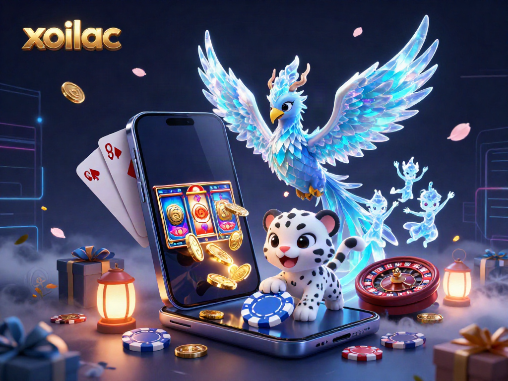Experience the excitement of xoilac with an ice phoenix and gaming elements in a vibrant casino illustration.
