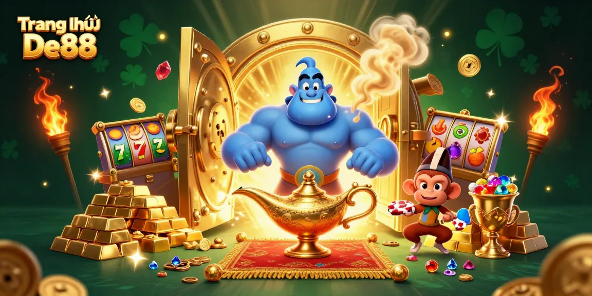 Engage with Trang chủ De88 and explore a vibrant casino scene with a genie and treasure.