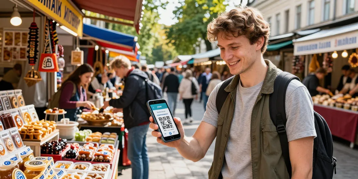 En https://payinrussia.com/, viajero usando la aplicación móvil en un mercado de Moscú, pagando con un código QR.