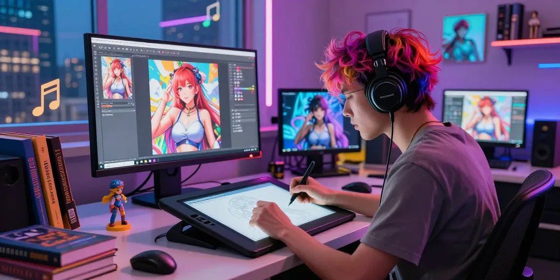 Creating AI hentai art in a vibrant digital studio with an artist focused on a touchscreen tablet.