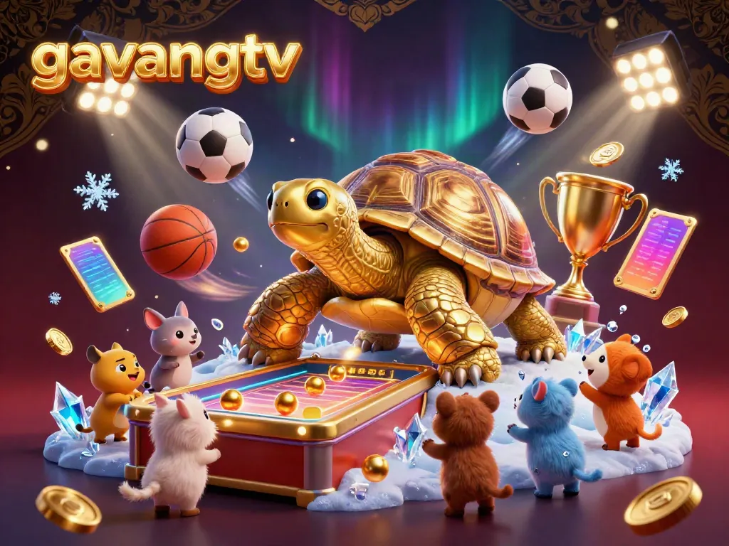Experience the thrill of gambling with gavangtv's massive golden tortoise pinball machine in a lively casino scene.