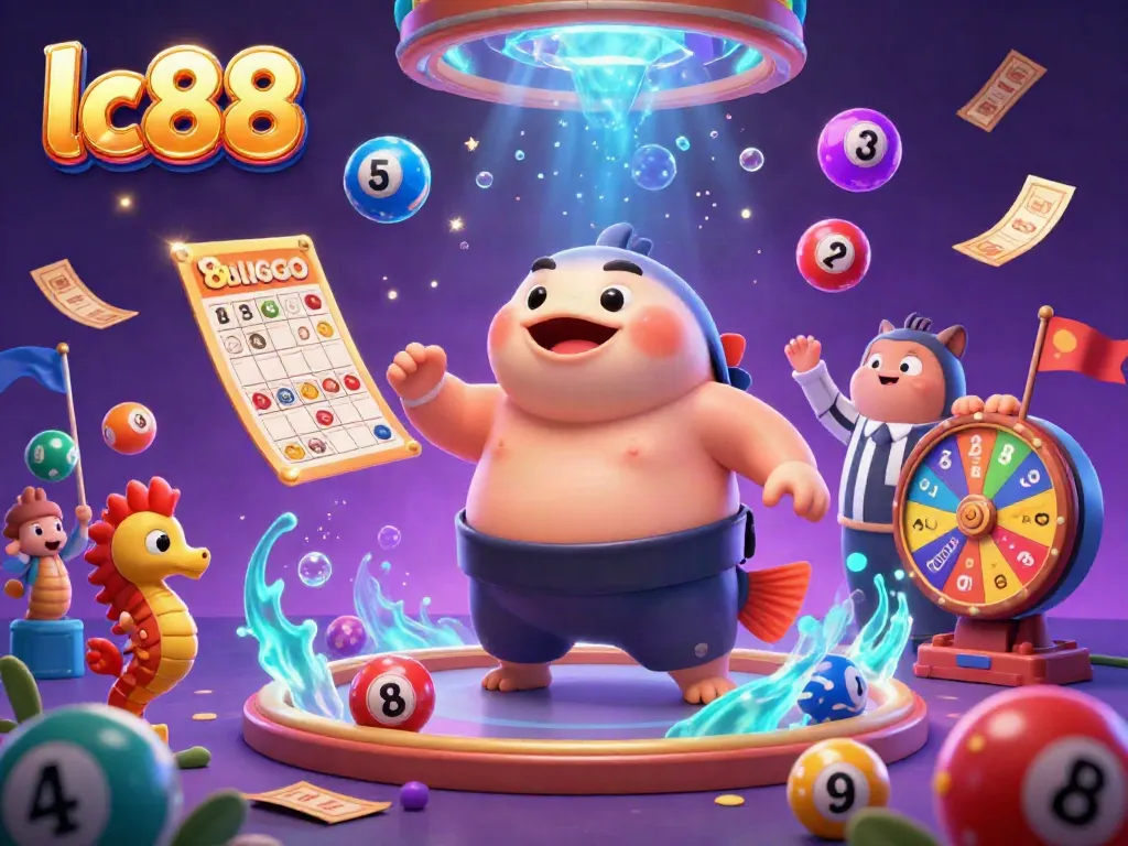 Exciting lc88 underwater casino scene with a fugu, catfish referee, and lottery elements.