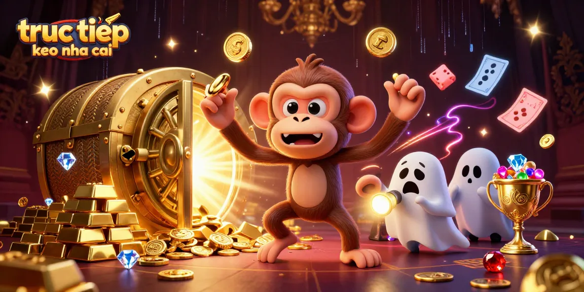 Exciting view of truc tiep keo nha cai with a playful poltergeist monkey and a ghost-hunter puppy in a rich, dynamic casino scene.