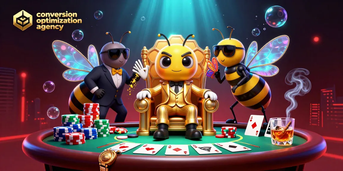 Engage with a captivating scene showcasing a conversion optimization agency's cartoon casino strategy, featuring poker elements.